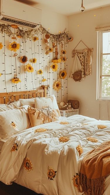 Sunflower Inspired Bedroom, Sunflower Aesthetic Room Decor, Sunflower Bedroom Decor Ideas, Sunflower Dorm Room Ideas, Yellow Themed Bedroom Aesthetic, Room Decor Soft Aesthetic, Sunflower Room Aesthetic, Cute Yellow Bedroom Ideas, Flower Garden Bedroom Ideas