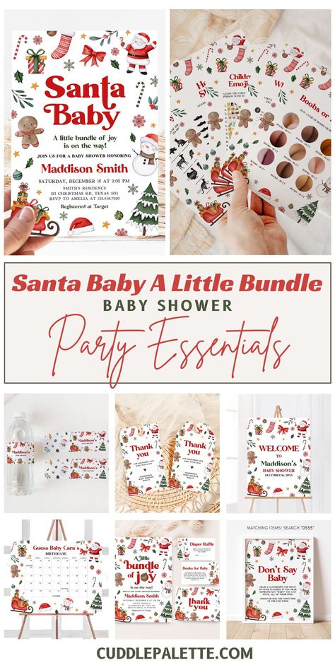 Treat your guests to a Christmas fantasy with our Santa Baby A Little Bundle Baby Shower Party Essentials. Flip through our Christmas-themed collection of invitations, party decors, and games to make your baby shower an extraordinary one. Click through and start planning! Santa Baby Baby Shower Theme Food, Baby Shower Christmas Theme Girl, December Baby Shower Themes Girl, Santa Baby Shower Theme, Christmas Baby Shower Centerpieces, Santa Baby Baby Shower Theme Decorations, Santa Baby Shower Ideas, December Baby Shower Themes, Santa Baby Baby Shower Theme