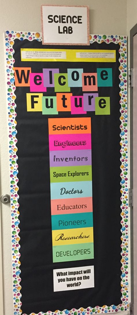 Science bulletin board - elementary school Science Back To School Bulletin Boards, Middle School Science Door Decorations, Earth And Space Science Bulletin Boards, Life Science Decorations, Science Displays Secondary, Classroom Displays Science, Math Science Bulletin Boards, Chemistry Display Boards, Science Classroom Ideas Middle School