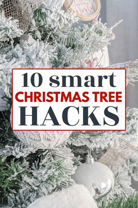 Christmas Tree Hacks, Christmas Tree Decorating Tips, Woodland Christmas Tree, Christmas Tree Storage, Christmas Tree Decorating Themes, Christmas Tree Inspiration, Flocked Christmas Trees, Ribbon On Christmas Tree, Simple Christmas Tree