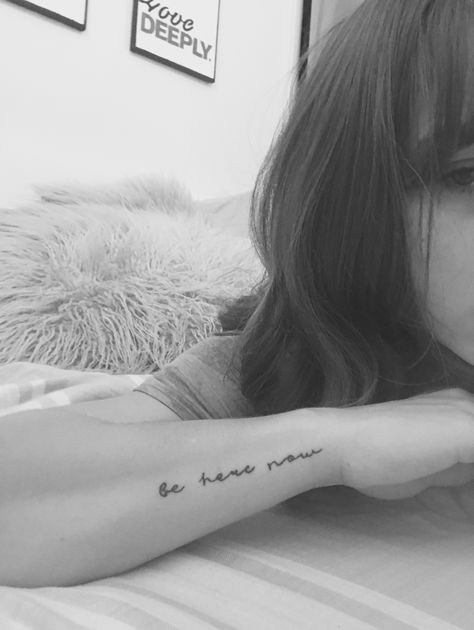 Be here now tattoo, wrist, mindfulness Breathe Tattoos Placement, Be Here Tattoo, Wrist Quote Tattoo, All We Have Is Now Tattoo, Be Here Now Wrist Tattoo, Be Here Now Tattoo Symbol, Here Now Tattoo, Delicate Tattoo Fonts, Here And Now Tattoo