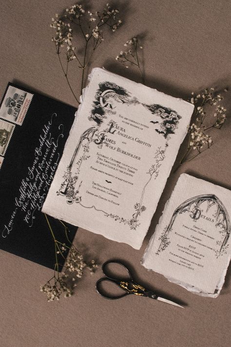 Invitations of a soirée hosted by Dracula himself, blending spooky elegance with Old Hollywood glam. Featuring hand-drawn bats and vintage book cover motifs, printed on luxurious handmade paper. The blood-red wax seal adds a final, dramatic flourish to this hauntingly glamorous gothic wedding suite. Cool Wedding Invitations Creative Unique, Wax Sealed Invitations, Dramatic Wedding Invitations, Gothic Vintage Fashion, Wax Sealed Wedding Invitation, Haunting Wedding, Luxury Vintage Aesthetic, Wax Seal Wedding Invite, Dark Wedding Invites