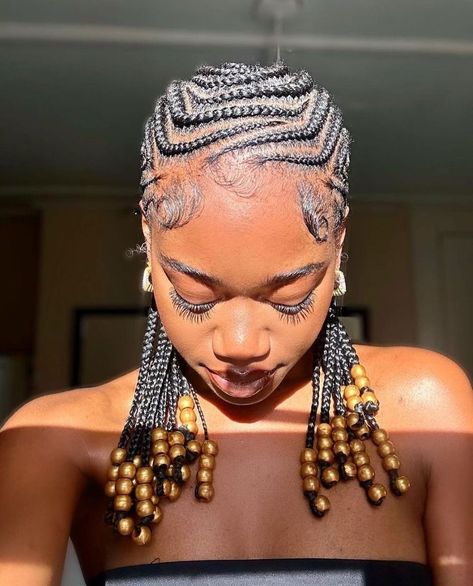 Corn Row Designs Black Women, Cornrows With Wooden Beads, Feminine Cornrow Styles, Natural Hair Stitch Braids, Short Braids For Black Women Cornrow, Cornrows Braids For Black Women With Beads, Pretty Cornrow Hairstyles, Bohemian Straight Back Braids, Front Cornrows Hairstyles Natural Hair