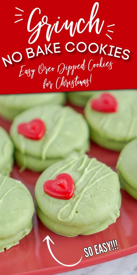 Easy Grinch No Bake Cookies! These are the BEST Grinch Cookies and so easy to make with oreos and some almond bark! Make them in just a few minutes for a huge hit to a cookie exchange or holiday party! You can also give these to friends and neighbors! #lemonpeony #grinch #grinchcookies #nobakecookies #christmascookies Easy Grinch Cookies, Grinch Christmas Cookies, Oreo No Bake, Traditional Christmas Cookies, Grinch Cookies, Christmas Baking Cookies, Best Holiday Cookies, Easy Christmas Cookie Recipes, Christmas Recipes Easy