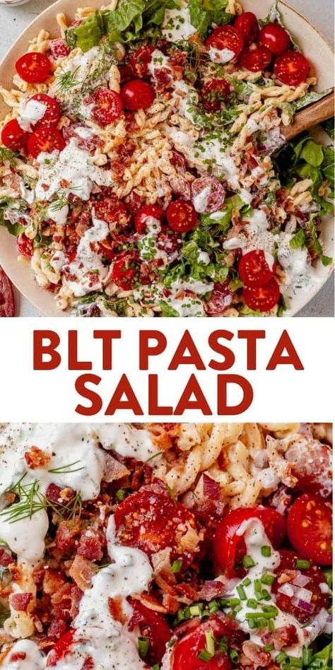 Bacon, lettuce, and tomato are a few of the delicious ingredients in this easy BLT pasta salad. It’s almost no-cook and comes together in minutes. You get all of the creamy, tomato, crunchy bacon flavors as the BLT sandwich, but in pasta salad form. Make this delicious side dish for summer BBQs, potlucks, or picnics! Salads Green, Creamy Pasta Salad Recipe, Blt Pasta Salad, Creamy Pasta Salads, Blt Pasta, Resep Pasta, Blt Pasta Salads, Bowl Ideas, Resep Salad