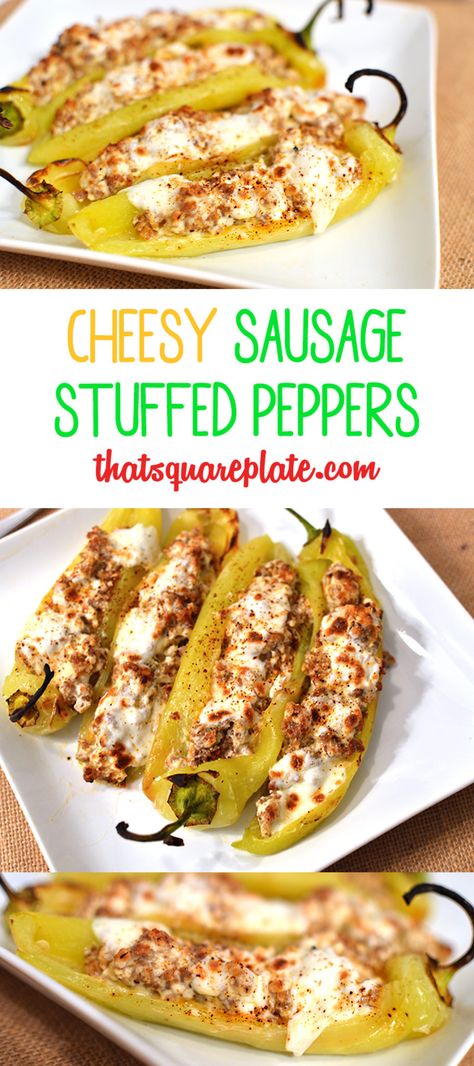 Cheese & Sausage Stuffed Peppers | That Square Plate Stuffed Mild Banana Peppers, Stuffed Banana Peppers With Sausage And Cream Cheese, Stuff Banana Peppers Recipe, Mild Pepper Recipes, Stuffed Banana Peppers With Cream Cheese, Stuffed Banana Peppers Recipe, Sausage Stuffed Peppers, Anaheim Peppers, Recipes With Banana Peppers