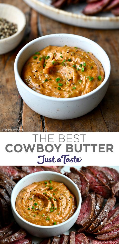 The top image shows a small bowl containing cowboy butter garnished with chopped chives. The bottom image shows a small bowl containing cowboy butter surrounded by slices of medium-rare steak. Cowboy Butter Burger, Cowboy Butter Allrecipes, Easy Cowboy Butter Dipping Sauce, Cowboy Compound Butter, How To Make Cowboy Butter, Cowboy Butter Steak Sauce, Cowboy Steak Recipe, Cowboy Steak Sauce, Cowboy Steak Butter