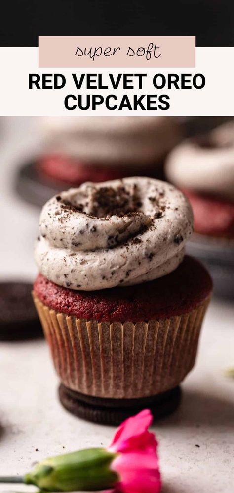 These Oreo red velvet cupcakes are soft and fluffy with Oreo pieces in every bite! They are frosted with a thick, tangy Oreo cream cheese frosting. These cupcakes are easily made from scratch and are perfect for any celebration! Oreo Cream Cheese Frosting, Oreo Cream Cheese, Red Velvet Oreo, Cocoa Powder Cookies, Oreo Cream, Oreo Cupcakes, Crushed Oreos, Velvet Cupcakes, Red Velvet Cupcakes