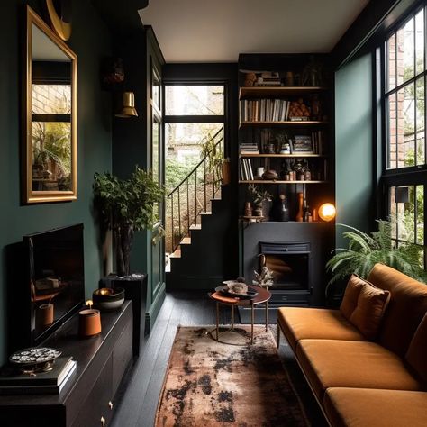 The Life Inside Your Head on Tumblr Moody Spaces, Dark Green Living Room, Moody Living Room, Dark Living Rooms, Decor Ideas Bedroom, House Vibes, Dark Home Decor, Dark Home, Ideas Living Room