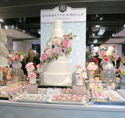 Beautiful sweets table with a soft pink and blue colour palette from Bobbette & Belle.   Bold Floral and Floral Cake Ideas from the Wedluxe Show 2015. For more ideas, visit Rebecca Chan Weddings and Events at www.rebeccachan.ca Wedding Fayre Cake Display, Wedding Cake Expo Booth Ideas, Wedding Cake Booth, Display Cake Ideas, Cake Booth Display Ideas, Cake Vendor Booth Display Ideas, Floral Cake Ideas, Wedding Vendors Booth, Wedding Expo Booth