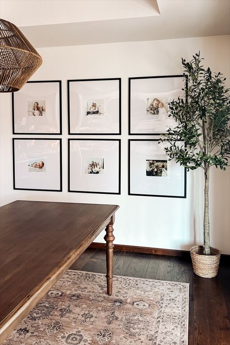 Dining Room Wall Photo Gallery, Photo Gallery Dining Room, Art For Farmhouse Decor, Dining Room Frames Ideas, Picture Wall Family Room, Photo Wall Large Frames, Large Matted Frames Living Rooms, Large Frames On Wall Ideas, Gallery Frames Wall