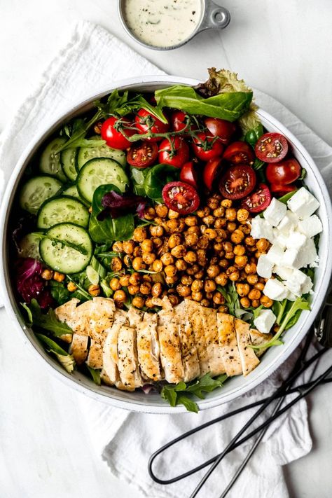 Super Salad with Chicken, Buttery Spiced Crispy Chickpeas, and Herby Tahini-Miso Ranch Dressing - Never Not Hungry Super Salad, Salad With Grilled Chicken, Chicken Chickpea, Not Hungry, Salad With Chicken, Buddha Bowls Recipe, Chicken Crispy, Ranch Salad, Satisfying Salads