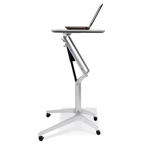 JESPWRKTBL. Moving silently up and down in seconds, the Adjustable Rolling Work Table uses an innovative counter-balance mechanism to enable immediate and single-handed height adjustments. The effortless transition from a seating to standing positions allow you to easily change positions. Compact in size with castors for quick mobility, this work table is an easy fit in any space Standing Desk Design, Mobile Standing Desk, Adjustable Laptop Stand, Laptop Desk Stand, Mobile Desk, Laptop Table, Laptop Desk, Computer Table, Adjustable Table