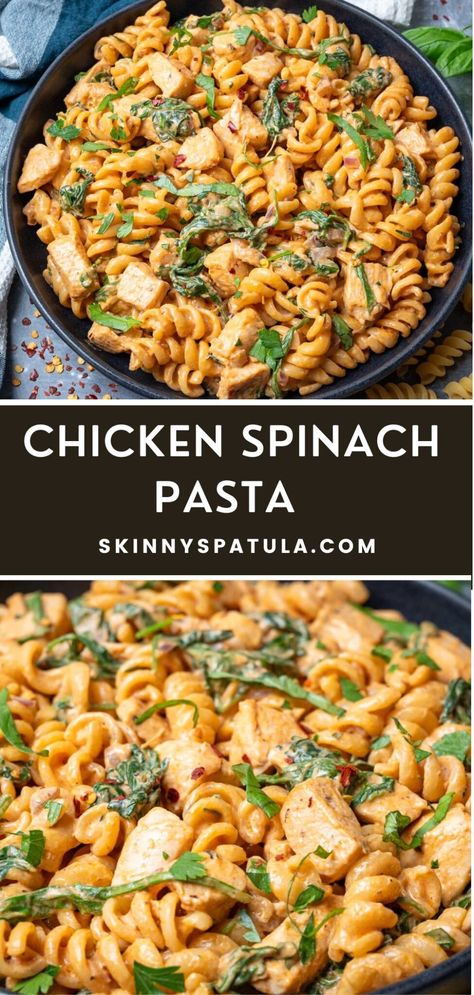 Chicken Spinach Pasta – Skinny Spatula Healthy Chicken And Spinach Pasta, Dinner With Chicken And Spinach, Spinach With Chicken Recipes, Chicken And Bacon Pasta With Spinach, Fresh Spinach Pasta Recipes, Chicken Spinach Noodles Recipes, Spinach In Pasta, Ground Chicken Spinach Recipes, Chicken Veggie Pasta Recipes