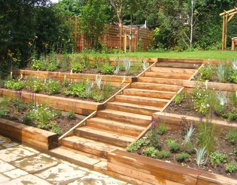 #garden #gardens #gardening #gardenideas Sloped Backyard Landscaping, Landscaping A Slope, Landscaping On A Hill, Hillside Garden, Sloped Backyard, Hillside Landscaping, Backyard Vegetable Gardens, Sloped Garden, Garden Steps