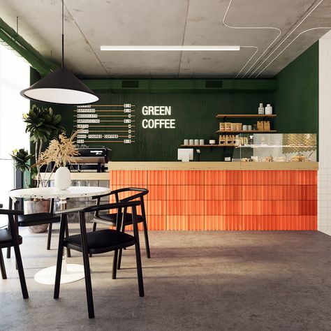 GREEN COFFEE | coffee shop on Behance Green Coffee Bar, Industrial Coffee Shop, Cafeteria Design, Green Cafe, Cafe Shop Design, Coffee Shops Interior, Home Coffee Bar, Modern Restaurant, Coffee Shop Design