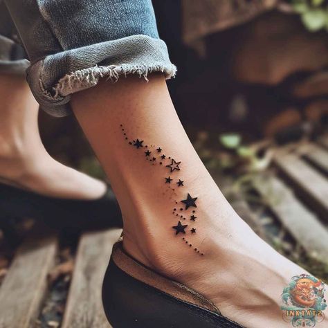 Shooting Star Tattoos: Capturing the Magic of the Night Sky: 94 Designs - inktat2.com Witchy Star Tattoo, Multiple Stars Tattoo, Ankle Tattoo Stars, Star Tattoo Cover Up Ideas, Star Hand Tattoos For Women, Back Of Ankle Tattoos For Women, Stars Tattoos For Women, Unique Star Tattoos, Star Tattoos For Women