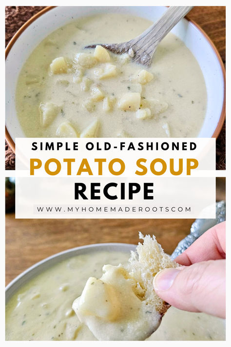 Warm up with a bowl of simple, old-fashioned potato soup! This classic recipe is creamy, comforting, and made with just a few basic ingredients. Perfect for chilly days or a nostalgic meal, this easy-to-make soup brings back the taste of grandma's kitchen. #PotatoSoup #ComfortFood #OldFashionedRecipes #HomemadeSoup #EasyMeals #NostalgicCooking Simple Baked Potato Soup, Moms Potato Soup, Creamy Red Potato Soup, Best Potato Soup Ever, 3 Ingredient Potato Soup Easy, Potato Soup From Instant Potatoes, Taste Of Home Baked Potato Soup, Plain Potato Soup, Meatless Potato Soup