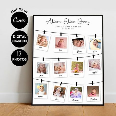 EDITABLE Custom Baby 1st birthday Photo Collage Template, 1st year Milestone, 12 months photo, Nursery Room Decor Baby 12 Month Frame Template, 1st Birthday Photo Collage, Birthday Photo Collage Template, Baby Photo Collages, Insta Templates, Baby Collage, 12 Month Photos, 1st Birthday Photo, Baby Photo Frames