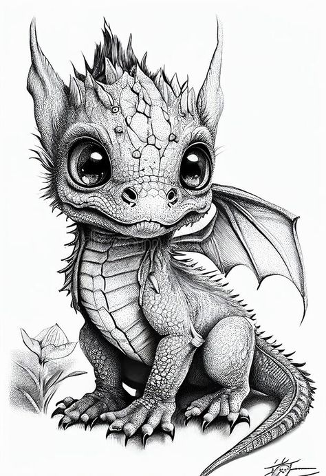 Little dragon drawn with a simple pencil on paper. AI Generated stock images Easy Dragon Drawings, Cute Monsters Drawings, Dragon Tattoo Art, Dragon Artwork Fantasy, Dragon Sketch, Fantasy Drawings, White Drawing, Little Dragon, Dragon Artwork