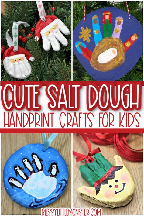 Salt dough handprint ornaments Salt Dough Handprint Ornaments, Salt Dough Handprints, Salt Dough Handprint, Santa Handprint Ornament, Handprint Crafts For Kids, Elf On The Shelf Easy, Salt Dough Christmas Ornaments, Salt Dough Crafts, Christmas Handprint Crafts