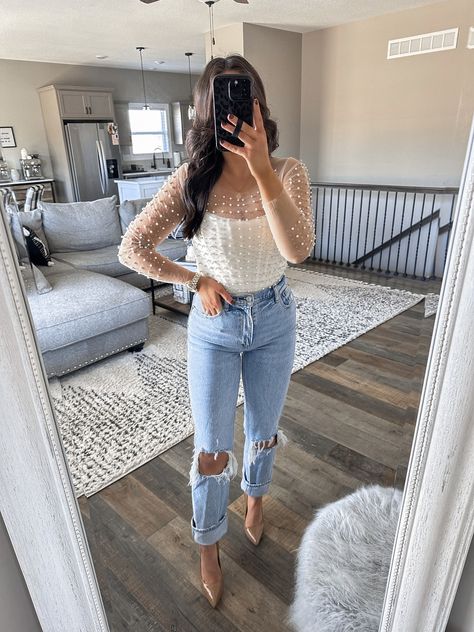 Party Outfit With Jeans, Bachlorette Party Outfits, Bachlorette Outfit, Bride Bachelorette Outfit, Wedding Shower Outfit, Fall Bachelorette, Mesh Top Outfit, Outfit With Jeans, Casual Bride