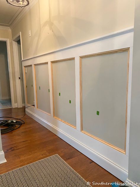 How To Make Chair Railing On A Wall, Board And Batten With Decorative Trim, Bathroom Hallway Ideas, Board And Batten Wall With Trim, Board And Batten Entry Hallway, Upstairs Hallway Board And Batten, Trim For Board And Batten, Board And Batten Molding, Board And Batten Partial Wall