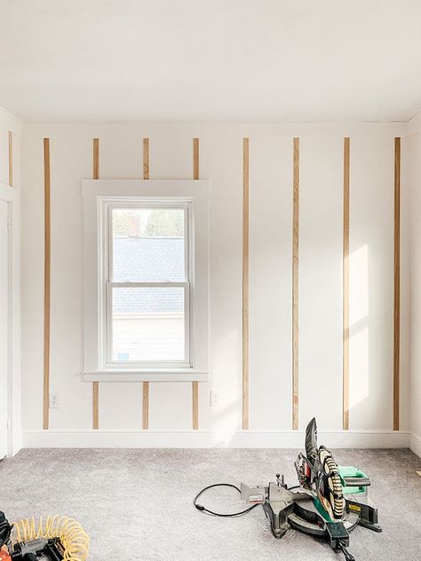 Easy DIY Floor to Ceiling Board and Batten step by step tutorial. Bedroom accent wall. DIY lattice board and batten. Board and Batten wall bedroom detail. Battens On Wall, Board And Batten Easy Diy, Diy Wood Board And Batten Wall, Board And Batten To The Ceiling, Simple Wall Accent, Easy Diy Board And Batten Accent Wall, Tall Board And Batten Wall Living Room, How To Do Batten Board Walls, Full Board And Batten Wall Bedroom