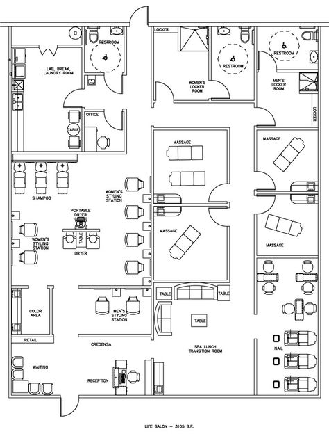 Salon & Spa Floor Plan Design Layout - 3105 Square Feet - It's so perfect! Floor Plan Design Layout, Spa Floor Plan, Spa Layout, Massage Decor, Spa Hammam, Small Salon, Nail Salon Interior Design, Office Floor Plan, Dreams Spa