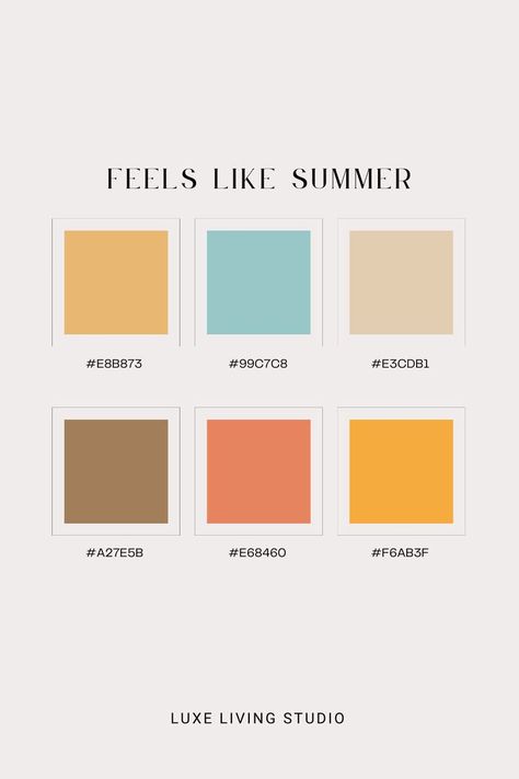 Feels like summer color palette | Luxe Living Studio | Branding | Social Media | Summer Summer Color Palettes Clothes, August Color Palette 2023, Summer Color Palette With Hex Codes, Summertime Color Palette, Beach Branding Color Palette, The Summer I Turned Pretty Color Pallete, Color Pallets Summer, Summer Brand Color Palette, End Of Summer Color Palette