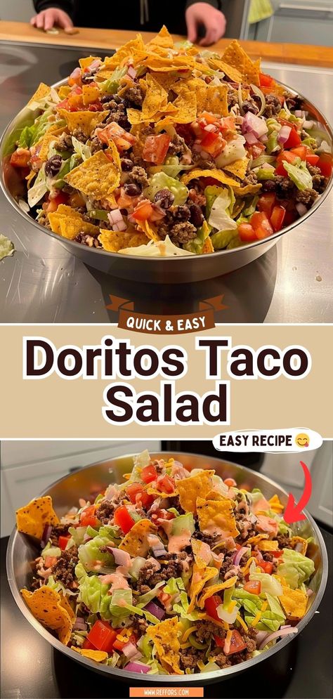 Enjoy a fun twist on taco night with this Doritos Taco Salad! It combines crisp lettuce, juicy tomatoes, seasoned beef, and cheddar cheese, all topped with crushed Doritos for that extra crunch. It's simple, satisfying, and perfect for a quick, flavorful meal. #TacoSalad #DoritosDelight #QuickMeals Taco Salad In A Bag Doritos, Nacho Salad Doritos, Taco Salad Thousand Island Dressing, Easy Mexican Salad Recipes, Mexican Food Salad, Salads Recipes For Potluck, Salad With Shredded Lettuce, Doritos Salad Recipe, Easy Potluck Dinner Ideas