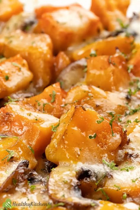 Healthy Butternut Squash Casserole Recipe with Savory Mushrooms Butternut Squash Casserole Recipes, Savory Butternut Squash, Butternut Squash Casserole, Butternut Recipes, Healthy Butternut Squash, Healthy Pies, Hamburger Casseroles Recipes, Baked Butternut Squash, Squash Casserole Recipes