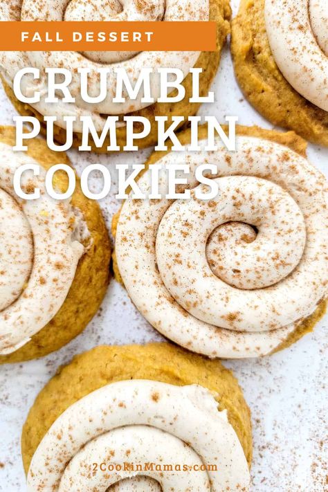 These copycat Crumbl Pumpkin Cookies are a delicious step up from regular pumpkin cookies. They're soft, rich with fall flavor, and topped with a tasty cream cheese frosting sprinkled with pumpkin pie spice. These cookies taste like pumpkin pie and have the well-loved swirled frosting design that Crumbl cookies are known for. These pumpkin cookies with cream cheese frosting are just begging to be eaten. #crumblpumpkincookies #pumpkincrumblcookies via @2CookinMamas Swirled Frosting, Pumpkin Cookies With Cream Cheese, Pumpkin Spice Cookie Recipe, Pumpkin Cheesecake Cookies, Cookies With Cream Cheese Frosting, Crumble Cookie Recipe, Soft Pumpkin Cookies, Cookies With Cream Cheese, Pumpkin Pie Cookies