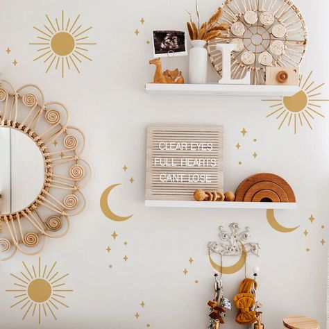 Removable Wall Decals Nursery, Diy Wall Decals, Star Wall Decals, Moon Nursery, Boho Sun, Nursery Room Inspiration, Nursery Wall Stickers, Removable Wall Decals, Wall Stickers Kids