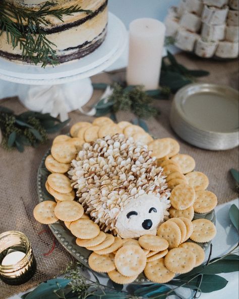 Woodland Hedgehog Cheese Ball, Cheese Ball Hedgehog, Woodland Cheese Ball, Hedgehog Cheese Ball Woodland Party, Simple Woodland Baby Shower Ideas, Baby Forest Animal Baby Shower Theme, Baby Shower Favors Woodland Theme, Woodland Snacks For Party, Baby Shower Food Woodland Theme