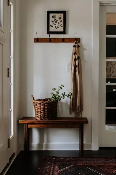 Small Front Entryway Decor, Cottage Coat Rack, Coat Corner Ideas, Coat Rack Styling, Small Wall Coat Rack Entry Ways, Styling Bench Entryway, Small Entry Corner, Styling A Bench Entryway, Coat Rack Behind Front Door