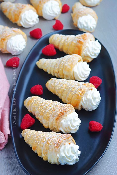 Cream Filled Pastry, Whipped Cream Filling For Cream Puffs, Christmas Cream Puffs Holidays, Puff Pastry Cream Horns Recipe, Cream Filling For Cream Puffs, Cream Pastry, Cream For Puff Pastry, Italian Cream Stuffed Cannoncini (puff Pastry Horns), Filled Pastries