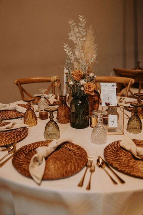 Fall Wedding Guest Table Ideas, Boho Reception Decor Indoor, Boho Theme Wedding Receptions, Boho Wedding Table Set Up, Table Setting Fall Wedding, Terracotta Wedding Centerpieces Round Table, Amber Glass Centerpiece Wedding Ideas, Boho Tablescape Wedding, Fall Wedding Decor Table