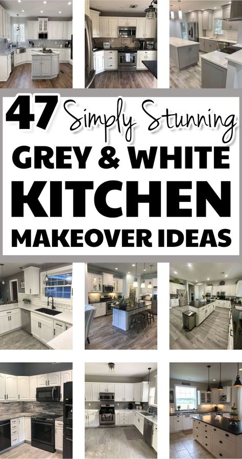 White Kitchen Cabinets With Grey Floors, Dark Grey Bottom Cabinets White Top, Gray Walls White Kitchen Cabinets, Grey Farmhouse Kitchen Ideas, White Cabinets Gray Island Kitchen, Grey Cabinets In Kitchen, Gray And White Kitchen Countertops, White Walls Grey Trim Kitchen, White Walls Gray Cabinets