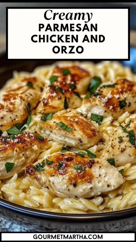 This delicious one-pan Creamy Parmesan Chicken and Orzo is the ultimate comfort meal. Tender chicken, creamy orzo, and rich Parmesan come together for an easy, satisfying dinner perfect for any night of the week. Whip up something special – get the recipe now #CreamyParmesanChicken #EasyDinnerRecipe #OnePanMeal #ChickenAndOrzo #ComfortFood #WeeknightDinner #QuickDinnerIdeas #FamilyDinner #ParmesanChicken #OrzoRecipe The Best Creamy Parmesan Chicken And Rice, Chicken Parmesan Recipe Side Dishes, Creamy Parmesan Chicken Orzo, Orzo Creamy Parmesan, Creamy Parmesan Orzo With Chicken And Asparagus, Pasta Dishes Easy Simple, Orzo Tuscan Chicken Dump, Orzo Baked Chicken, Chicken Orzo Vegetables