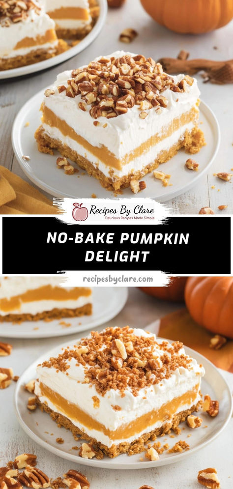 A creamy, spiced pumpkin dessert with layers of graham cracker crust, cream cheese, and whipped topping—perfect for fall gatherings and effortless to make.  Ingredients:  1 cup canned pumpkin puree 1 1/2 cups graham cracker crumbs 1 (8 oz) package cream cheese, softened 1 teaspoon ground cinnamon Delight in a no-bake, creamy pumpkin treat with a buttery graham cracker crust and a cinnamon-spiced pumpkin filling, all topped with light, fluffy whipped topping! Pumpkin Pie Cool Whip Dessert, Pumpkin And Graham Cracker Desserts, Graham Cracker No Bake Dessert, Pumpkin Cool Whip Pie, Whipped Pumpkin Dessert, Pumpkin Graham Cracker Crust, Pumpkin And Whipped Cream Dessert, Pumpkin Pie Delight, Layered Desserts With Cream Cheese