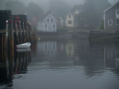 New England Fishing Village, The Silt Verses Aesthetic, Fishing Village Aesthetic, Foggy Village, Houses On Water, New England Gothic, Dark Nautical, Fishing Aesthetic, Maine Aesthetic