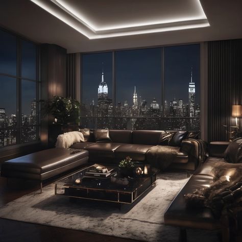 Penthouse Apartment Aesthetic, Black Luxury House, Dark House Aesthetic, Apartamento New York, Dark Modern House, Penthouse Aesthetic, Penthouse Living Room, Penthouse Interior, Penthouse Design