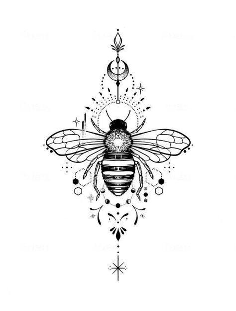 Tatoo Dog, Honey Bee Tattoo, Earthy Tattoos, Witch Tattoo, Geometric Tattoo Design, Floral Tattoo Sleeve, Tatuaje A Color, Bee Tattoo, Hand Draw