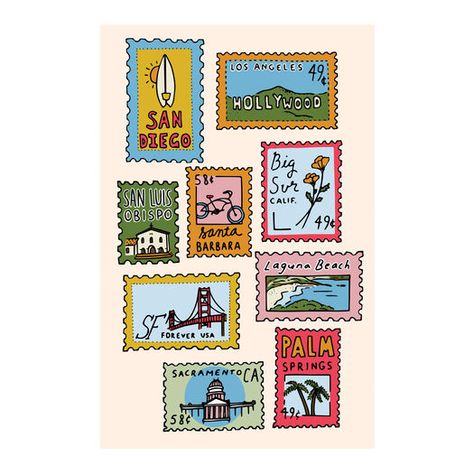 Buen Dia California City Stamps Wall Art Print by World Market Latin Wall Art, Vintage California Art, California Art Print, Apartment Wall Art Ideas, Granola Wall Art, College Dorm Wall Art, Colorful Prints Wall Art, Boho Posters Art Prints, Creative Classroom Decoration Ideas