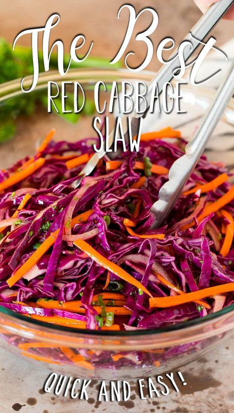 This red cabbage slaw is a blend of shredded carrots, cabbage, red onions and herbs, all tossed in a homemade dressing. Red Cabbage Slaw Recipes, Cooked Red Cabbage, Red Cabbage Coleslaw, Purple Cabbage Slaw, Cabbage Coleslaw, Cabbage Slaw Recipes, Bbq Potluck, Vinegar Coleslaw, Red Cabbage Recipes