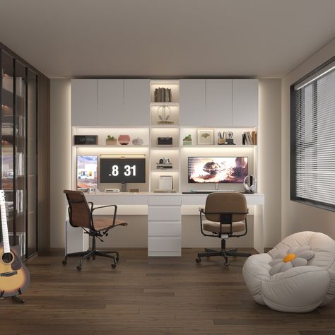 Two Desks In Living Room, Office Space For 3 People, Home Office Desk For Two, Workstation Design For Home, Computer In Living Room Ideas, Home Office And Bedroom Combo, Built In Desk And Shelves Office, Office And Game Room Combo, Study Unit Designs In Bedroom