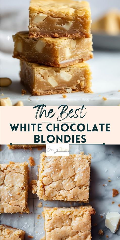 This white chocolate blondie recipe is your go-to for easy dessert bars that come together in just one bowl. Made with only 6 ingredients, it turns simple pantry staples into a decadent treat. Perfect for a quick and delicious baking experience, these blondies are the epitome of effortless indulgence. Blondie Dessert Recipes, Blondie White Chocolate, Blondies With White Chocolate Chips, Classic Blondies Recipe, Easy Dessert Bakes, Simple Backing Ideas, White Chocolate Chip Dessert Recipes, Blondies Recipe Applebees, White Chocolate Blondie