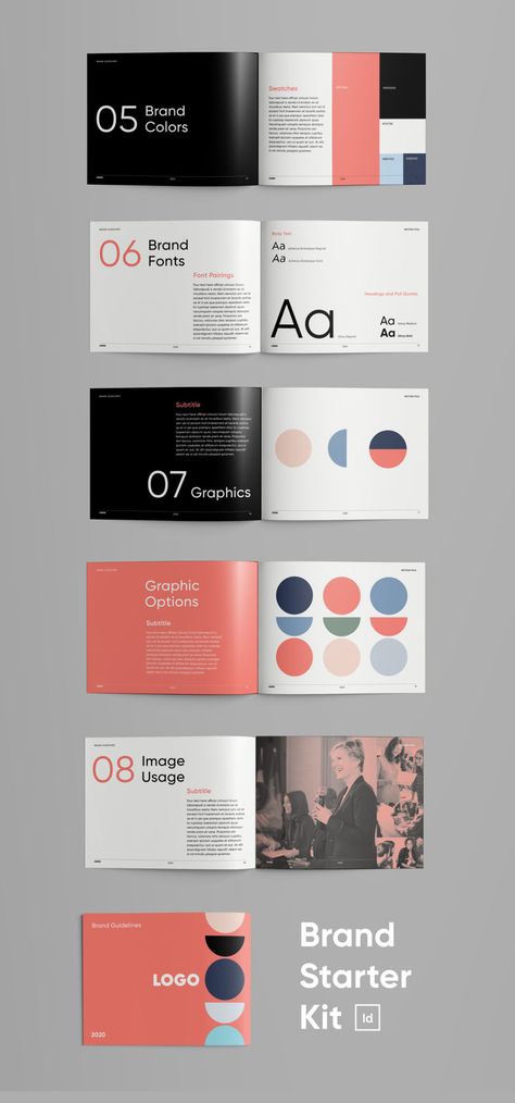 Brand Starter Kit for InDesign | Brand Guidelines Template Pack Corporate Brand Guidelines, Brand Starter Kit, Brand Guidelines Typography, Branding Guidelines Template, Brandbook Brand Guidelines, Brand Book Layout, Brand Book Design Inspiration, Branding Booklet, Corporate Design Manual