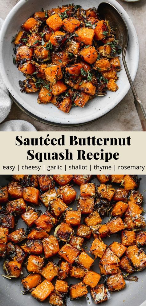 This sautéed butternut squash recipe is paired with garlic, shallots, rosemary, thyme, and parmesan cheese. Cubed and cooked on the stovetop, this recipe is easy to make and tastes absolutely delicious. Serve it as a veggie side dish for breakfast or dinner! Butternut Squash Side Dish, Sauteed Butternut Squash, Butternut Squash Recipes Easy, Healthy Squash Recipes, Resep Vegan, Butternut Squash Recipes Roasted, Veggie Side Dish, Butternut Recipes, Butternut Squash Recipe